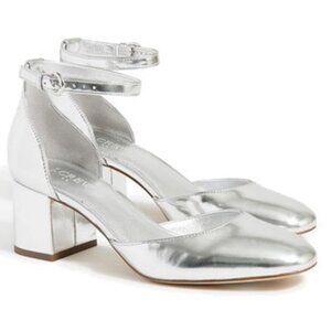 J. Crew Silver Metallic Ankle Strap 2.5" Block Heel Sandals Sz 9M